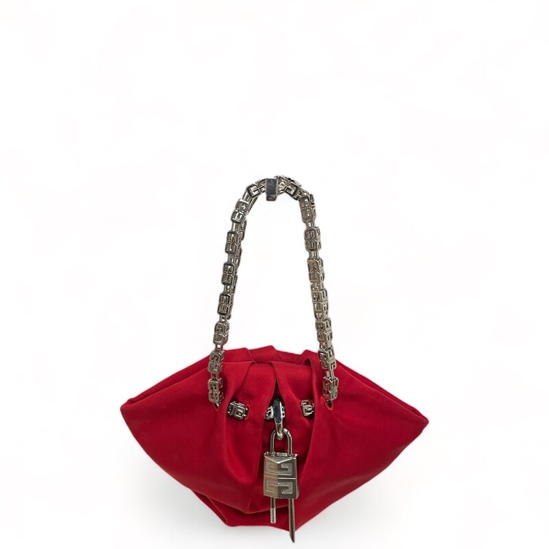 GIVENCHY Satin Mini Kenny Shoulder Bag in Red.
The bag is crafted of satin fabric in red. It features a silver chain shoulder strap with a removable padlock bag charm on the front. The top secures with a magnetic closure and leads to a matching fabric interior.

Year: 2020
Size:Mini

Dimensions:Base length: 10.25 in
Height: 5.25 in
Width: 0.75 in
Drop: 4.50 in