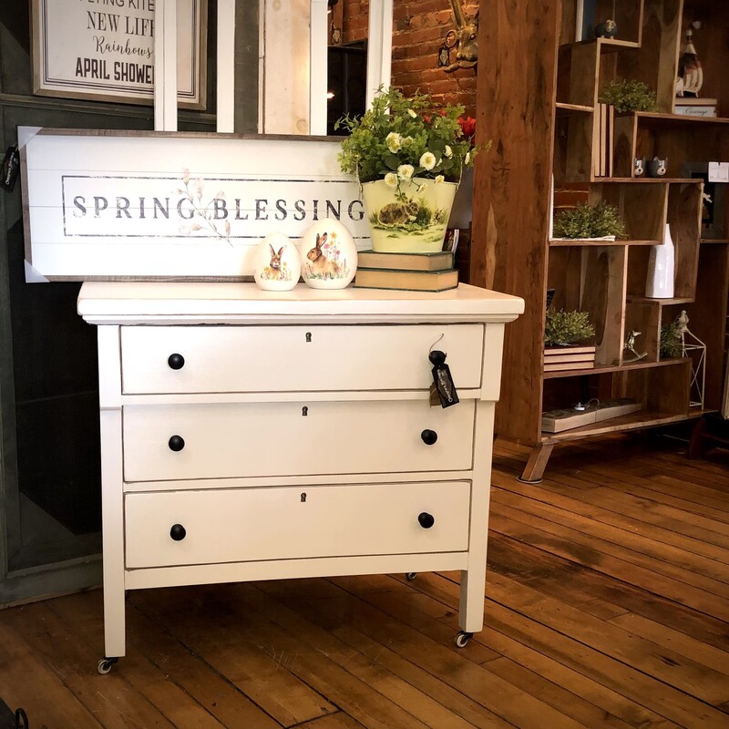 Early 3 Drawer Dresser
30 H x 34 W x 19 D
This beautiful dresser is the perfect accent for any spot in the house . Whether in a bedroom, bathroom, or a foyer, you gain extra storage as well as a space to display your favorite treasures.