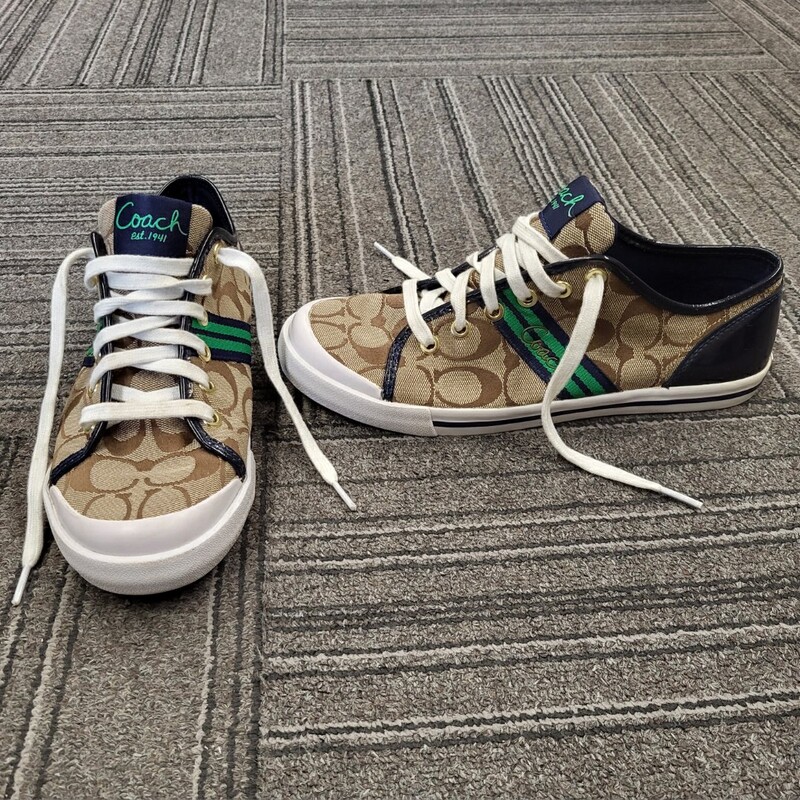 Sneakers, Brown Monogram with Green & Navy stripe in Excellent preloved condition! Size: 9