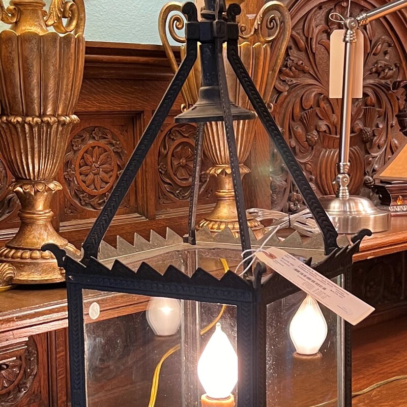 Antique Iron Lantern, One Bulb, Hangs
30in tall