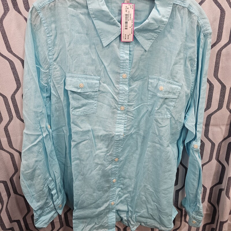 Long sleeve button up blouse in blue.