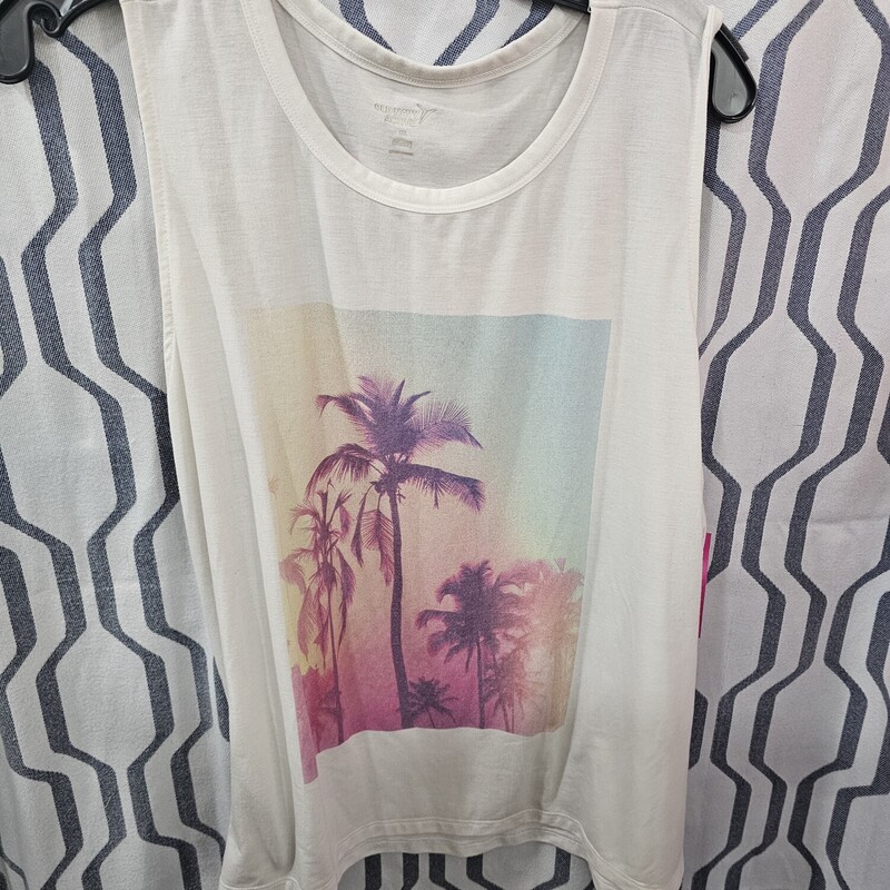 White t shirt style tank with graphic on front.