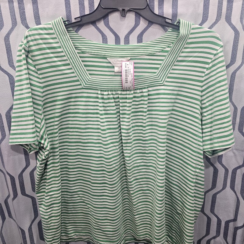 Short sleeve knit top in green and white stripe.