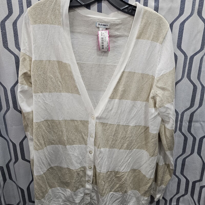 Long sleeve light weight cardigan that buttons on the front in a white and gold metallic stripe.
