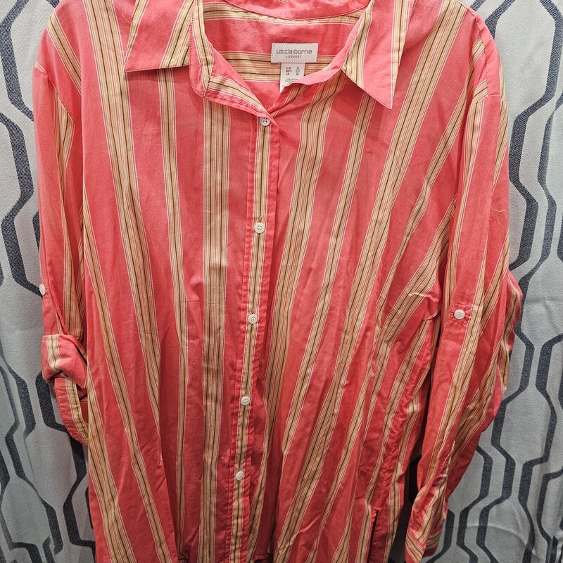 Brand new with tags and light weight, this button up is done in pink with yellow striping.