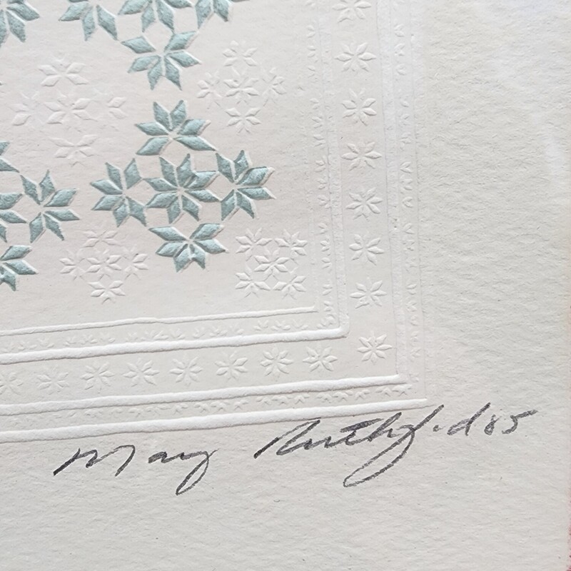 Limited edition signed Mary Ruthford Art work, 1985,  embossed, quilt pattern, 72/950, Size: 9 in x 1 in

Contact store for shipping.