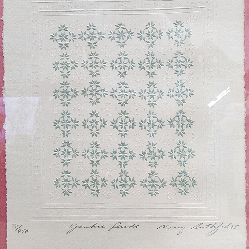 Limited edition signed Mary Ruthford Art work, 1985,  embossed, quilt pattern, 72/950, Size: 9 in x 1 in

Contact store for shipping.