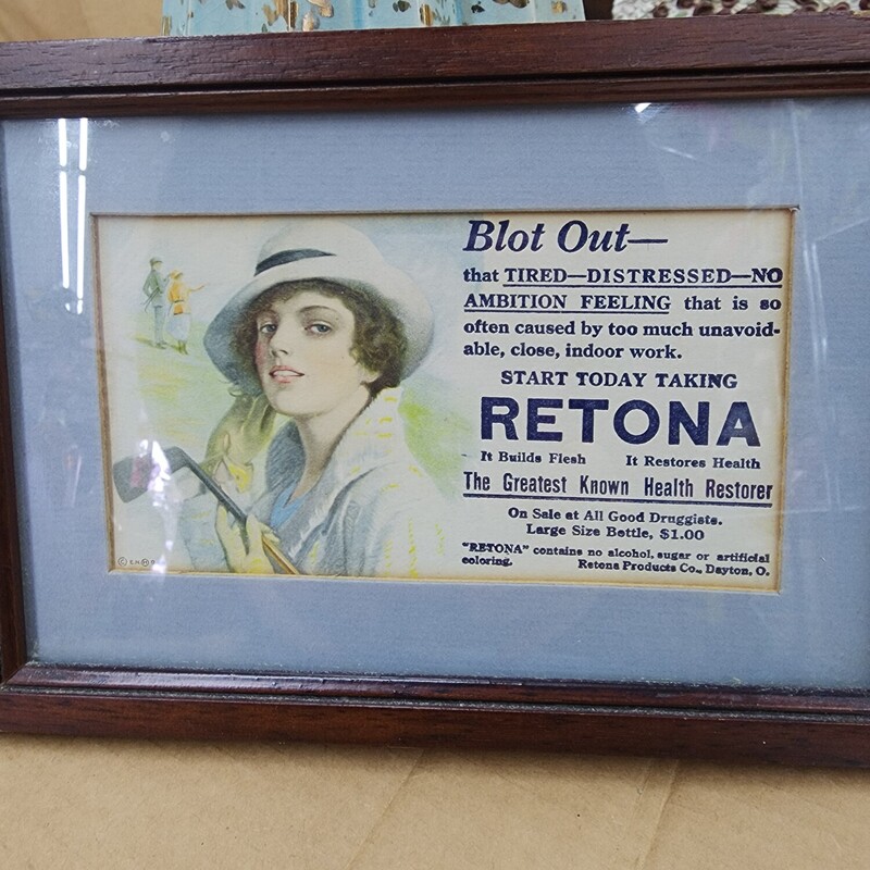 Vtg Retona Ad Framed, Wood, Size: 9 X 6