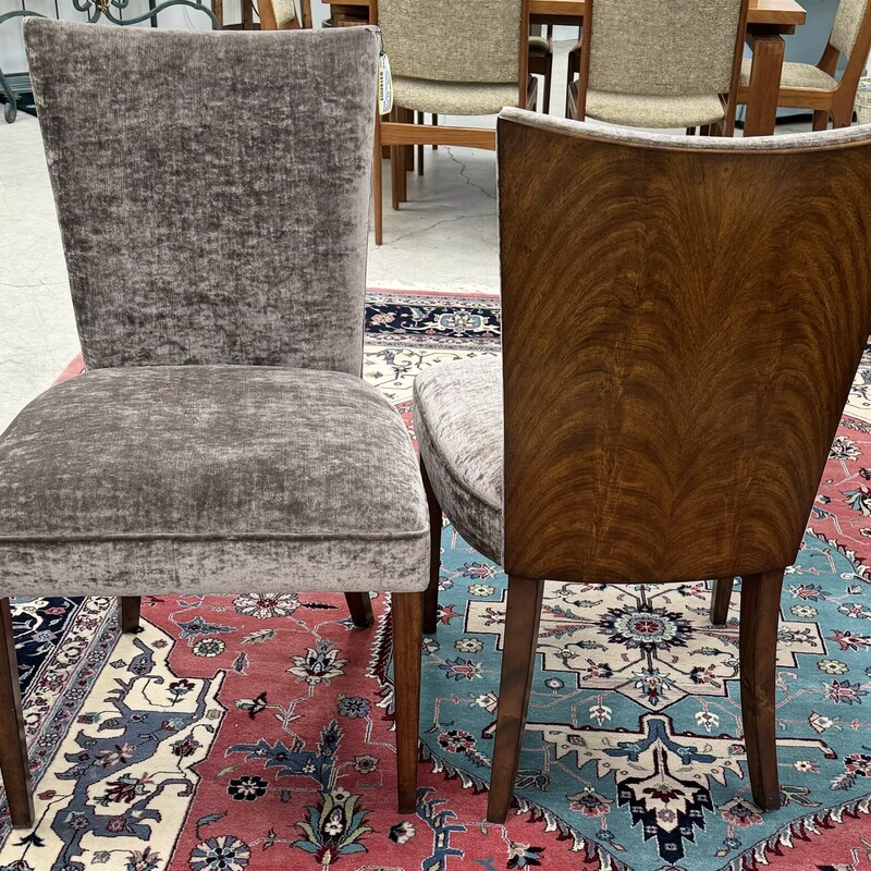 Pair Custom Jonathan Charles side chairs upholstered in cushed velvet  misty  amethyst color with flame veneer backs.  Beautiful!