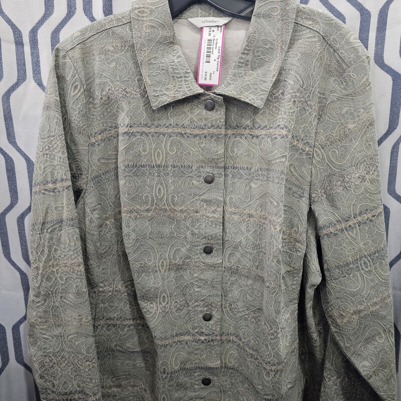 Snap up front denim style jacket in green with beige and grey pattern.