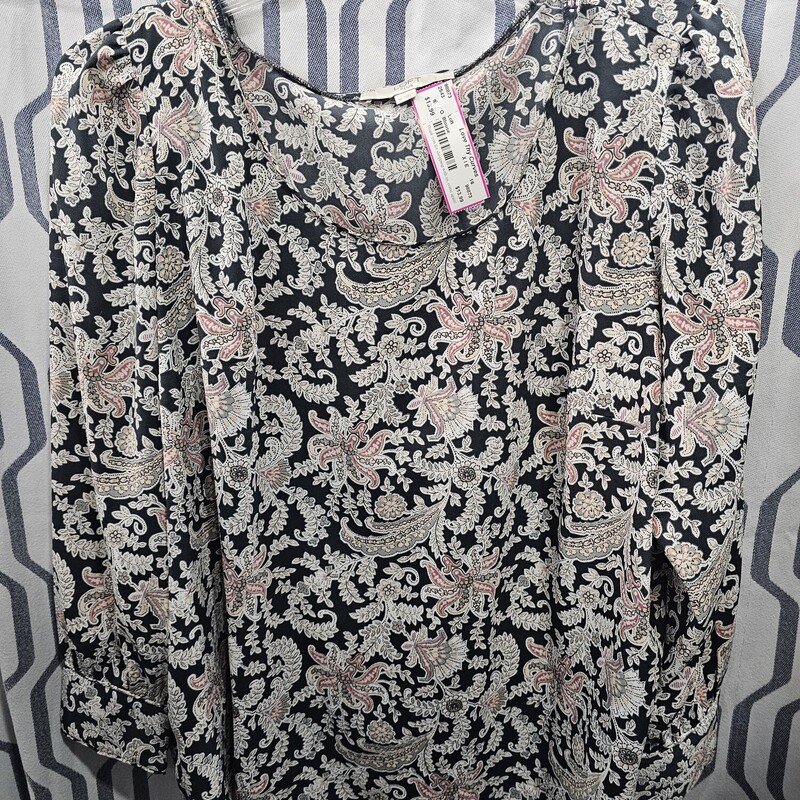 Nice long sleeve blouse in navy blue with beige and pink paisley design,