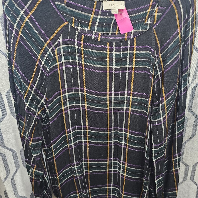 Long sleeve blouse in black with multiple colored print.