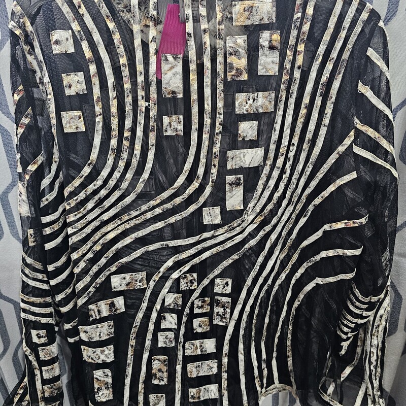 Zip up front jacket that is sheer black and patterned with gold  silver black and tan embellishment. GORGEOUS!