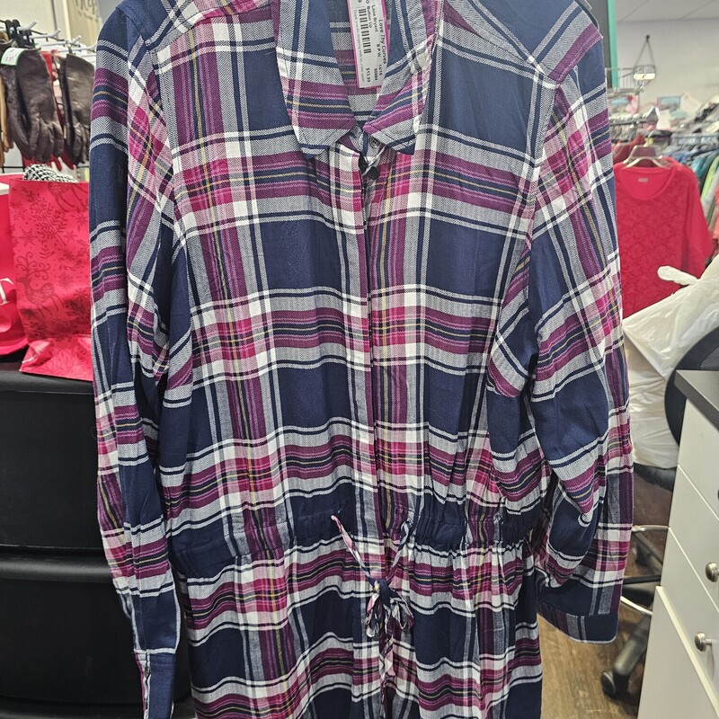Long sleeve button up in a blue, purple and white plaid,