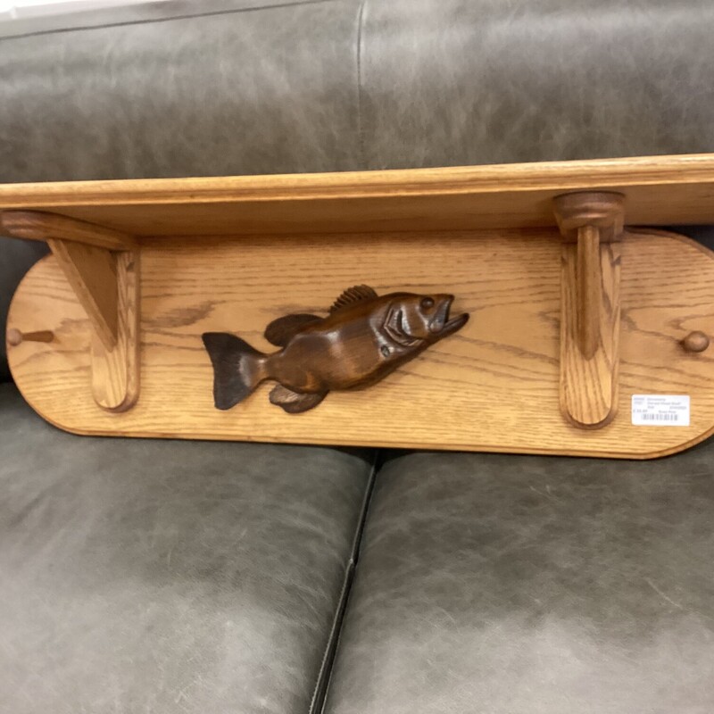 Carved Wood Shelf, Oak, Dark Brown Fish<br />
35in wide x 10in deep x 10in tall