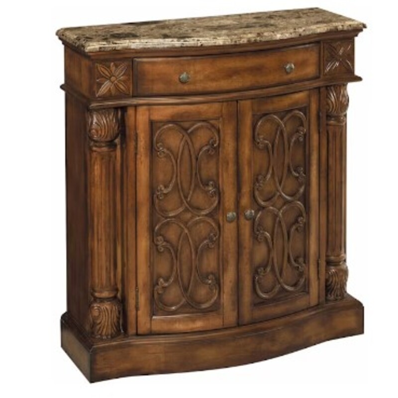 William Aged Pecan Wood Cabinet with Marble Top
Brown Tan Size: 32.5 x 12.5 x 35H
Retails: $700+