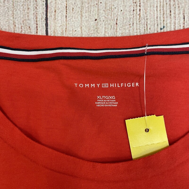 Tommy Hilfiger red knit short sleeve top with a silver flaf on the front size XL