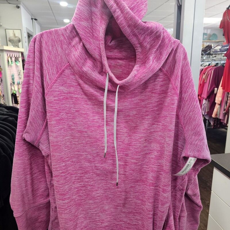 Pull over hoodie in pink with hand pockets (not pouch style) and thumb cut outs in the cuffs.