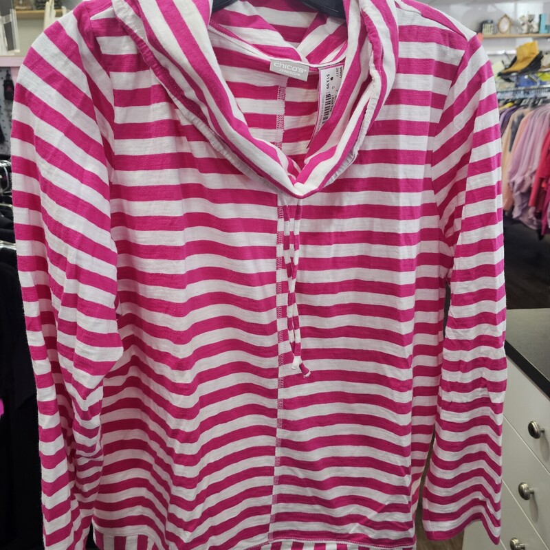 Long sleeve knit top in pink and white stripe - no hood but draw string style collar.