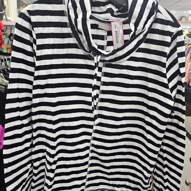 Long sleeve knit top in black and white stripe with draw string collar - no hood.