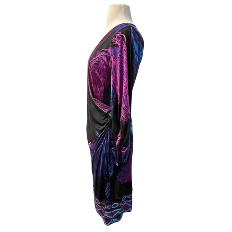 Hale Bob Dress
Feather Print
Faux Wrap
Colors: Black, Teal, Fuschia, Purple, and Navy
Size: Medium