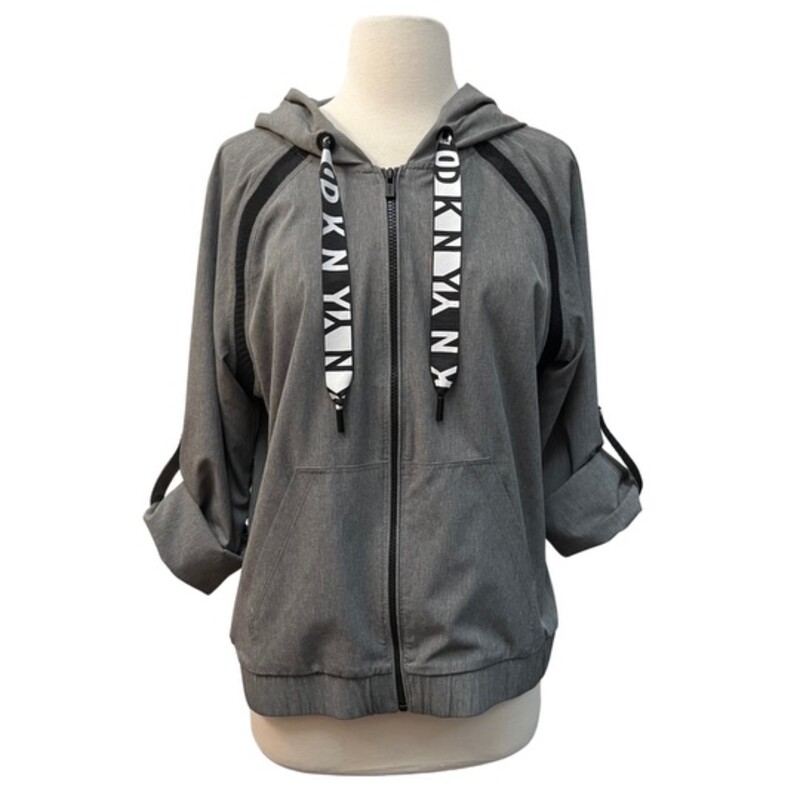 Donna Karan New York<br />
DKNY Sport Jacket and Pant Set<br />
Zip Hoodie<br />
Roll-Tab Sleeve<br />
Gray, and Black<br />
Size: Medium