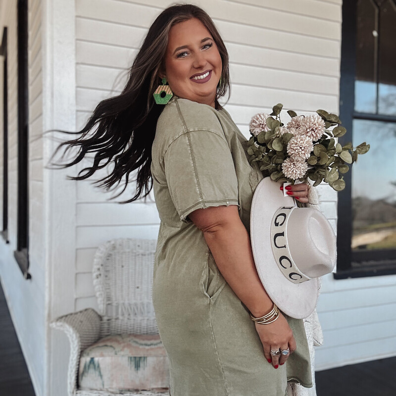 The perfect boho t-shirt dress for any occasion! In this stunning Olive color, you are sure to be in style!
Available in sizes Small, Medium, and Large.
Madison is wearing a size Large.