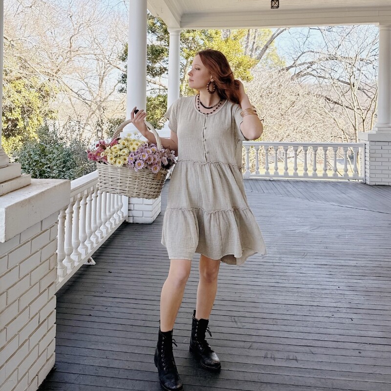 The perfcet neutral dress in a washed beige color! Pair it with just about anything and be in style!
Available in sizes Small, Medium, and Large.
Madison is wearing a Medium.