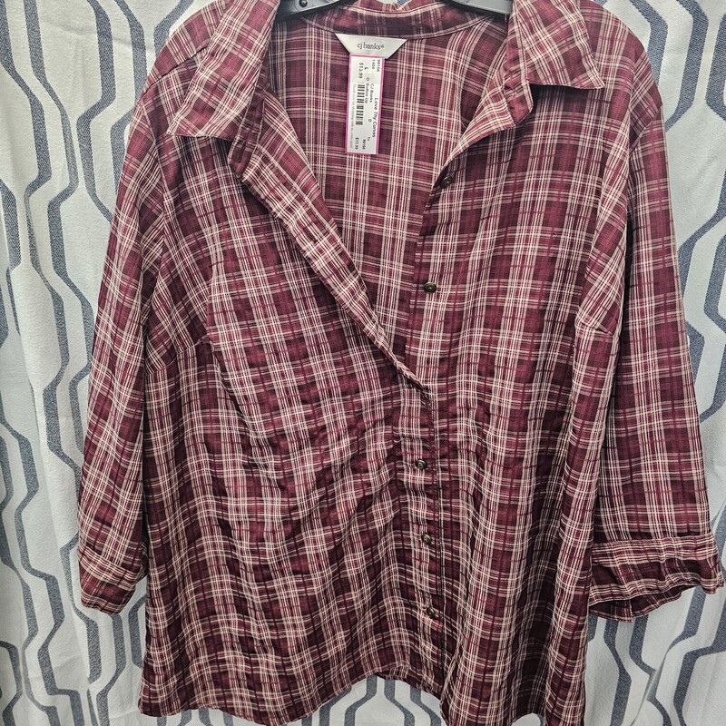 Button up blouse in a beige and burgandy plaid. Half sleeves