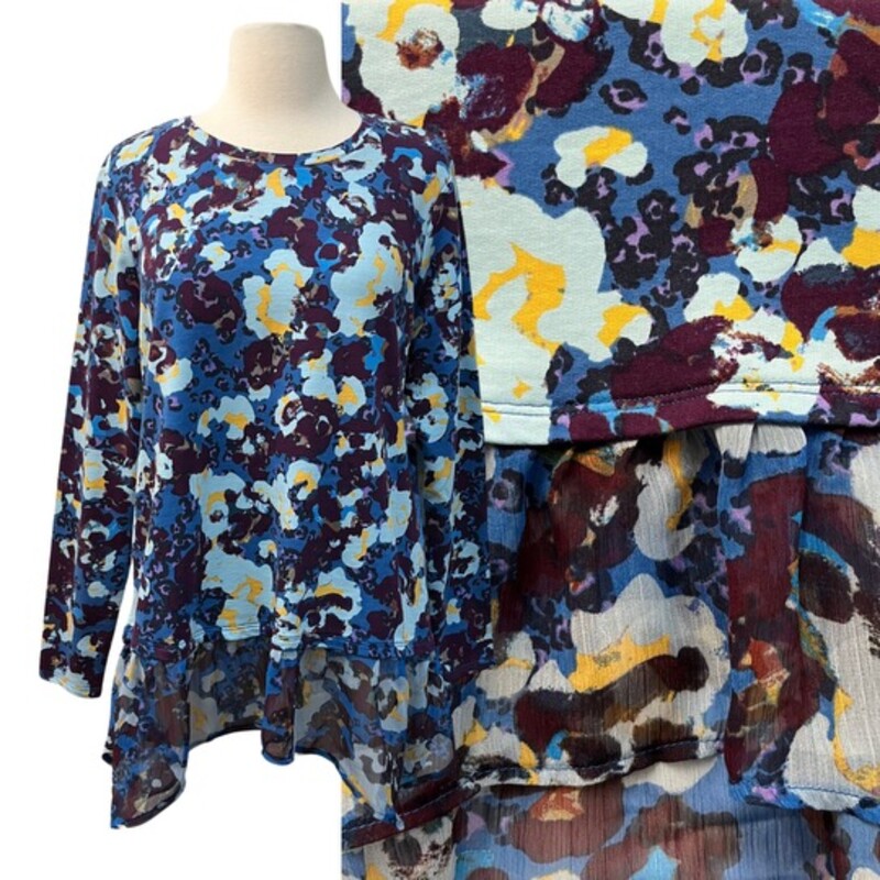 Logo Lounge Tunic
Sheer Ruffle Detail
Abstract Floral Design
Color: Pretty Blues
Size: Small