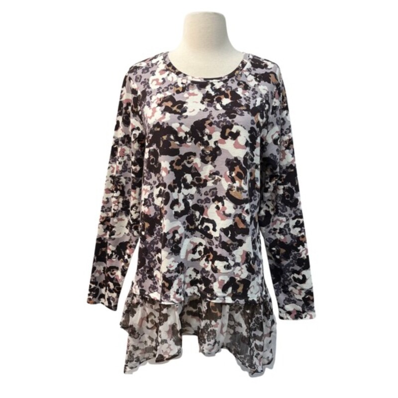Logo Lounge Tunic<br />
Sheer Ruffle Detail<br />
Abstract Floral Design<br />
Colors: Cream, Peach, Rose and Black<br />
Size: Medium