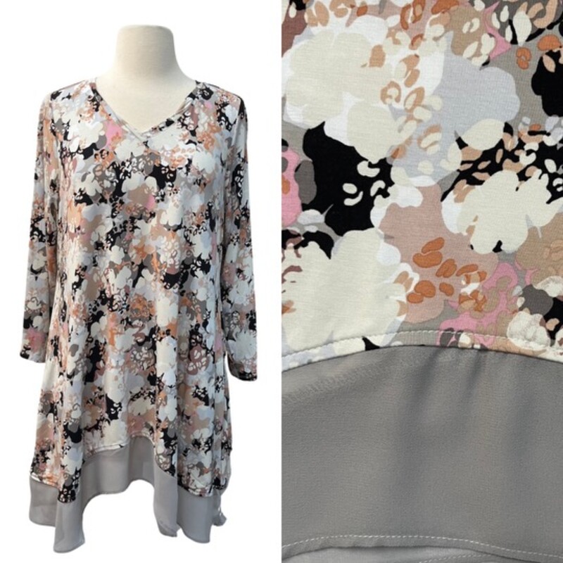 Logo Lounge Tunic
Sheer Ruffle Detail
Abstract Floral Design
Color: Cream and Black
Size:  Medium