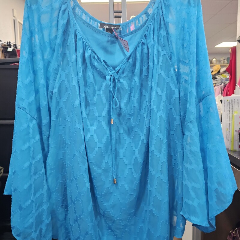 Twin set blouse with blue solid tank under a sheer blue blouse with pattern sewn in .