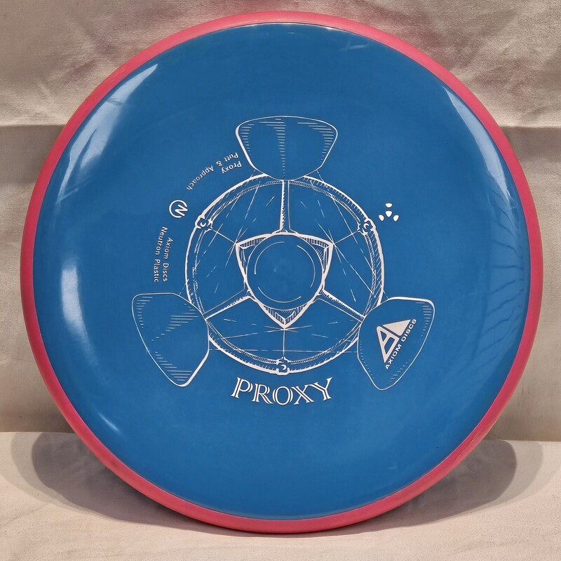 Axiom Discs Proxy Neutron Plastics Gyro Disc Golf Disc

Type: Putt & Approach

Flight Rating: 3/3/-1/0.5 Speed/Glide/Turn(R)/Fade(L)

Weight: 173g

Stability: Stable

Color: Blue/Pink w/ White Print

PDGA Approved

Condition: Like New (very minor scuffing along edge)