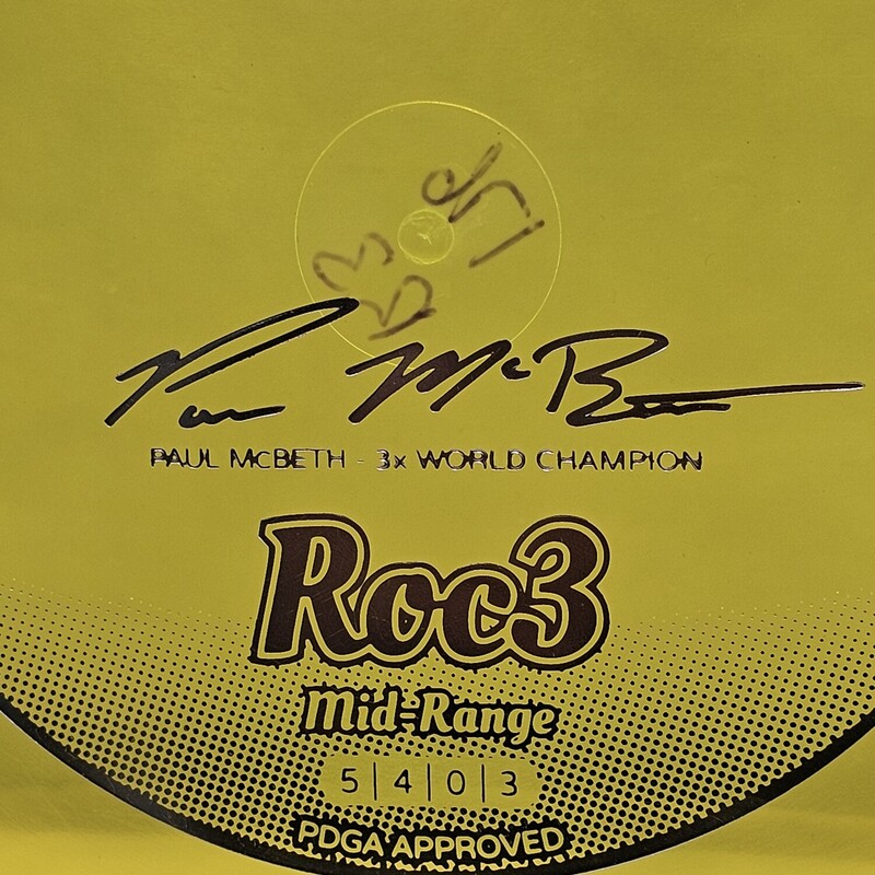 Innova Champion Paul Mcbeth 3x World Champion Roc3 Disc Golf Disc

Type: Mid-Range

Flight Rating: 5/4/0/3 Speed/Glide/Turn(R)/Fade(L)

Weight: 176g

Stability: Overstable

Color: Translucent Yellow w/ Silver Foil Print

PDGA Approved

Condition: New