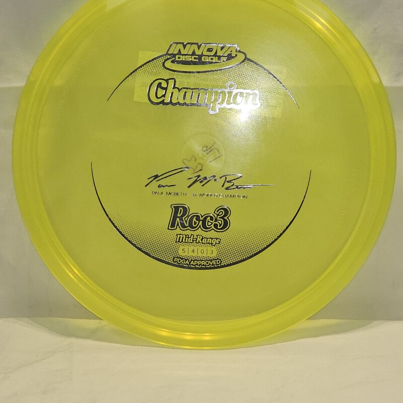 Innova Champion Paul Mcbeth 3x World Champion Roc3 Disc Golf Disc

Type: Mid-Range

Flight Rating: 5/4/0/3 Speed/Glide/Turn(R)/Fade(L)

Weight: 176g

Stability: Overstable

Color: Translucent Yellow w/ Silver Foil Print

PDGA Approved

Condition: New