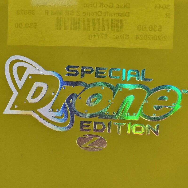 Discraft Z Drone Special Edition Disc Golf Disc

Type: Mid-Range

Flight Rating: Unknown

Weight: +177g

Stability: Overstable

Color: Translucent Yellow w/ Silver Pearlescent Print

PDGA Approved: Unkown

Condition: New