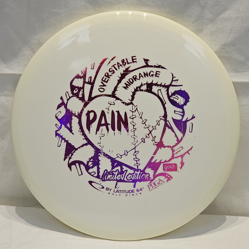 Latitude 64 Pain Limited Edition Disc Golf Disc

Type: Mid-Range

Flight Rating: 4/4/0/3 Speed/Glide/Turn(R)/Fade(L)

Weight: 179g

Stability: Overstable

Color: White w/ Red Foil Print

PDGA Approved

Condition: New
