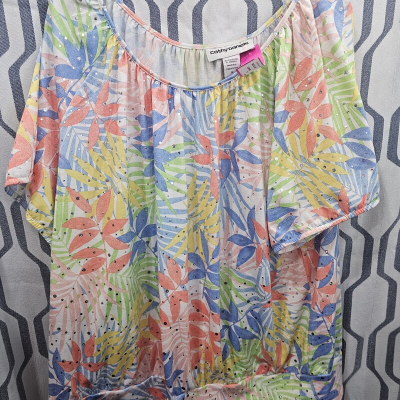 Super cute summer blouse in a multi colored palm print with silver sequins for sparkle