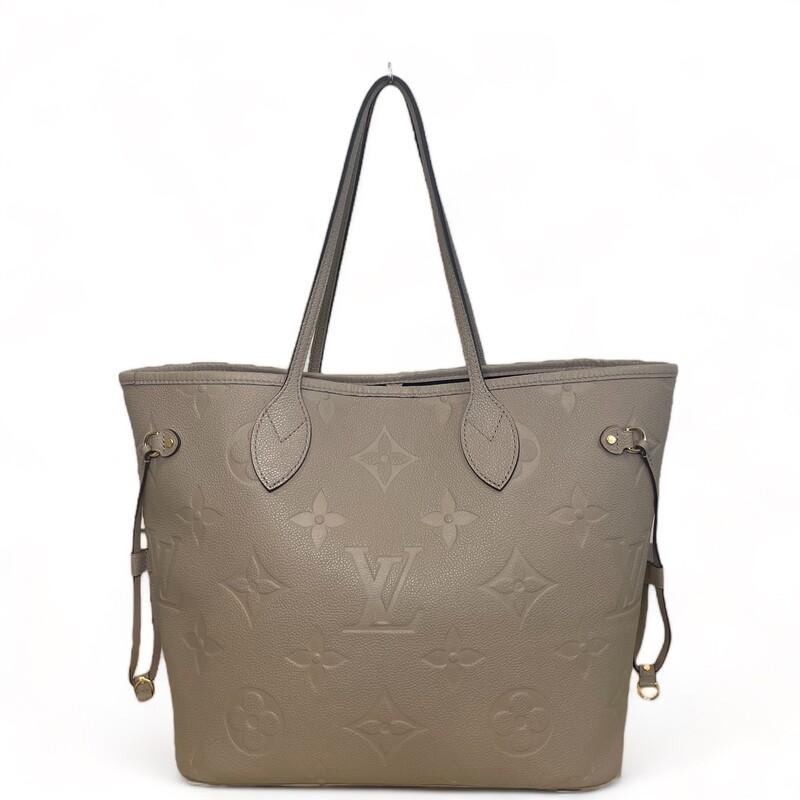 Louis Vuitton Neverfull MM
Embossed Monogram Empreinte leather. Its generous dimensions make this bag ideal for everyday use while the long shoulder handles and supple leather mean it’s comfortable to carry. With the side laces cinched, this roomy carryall becomes a stylish city bag. It can be worn over the shoulder or on the elbow.

Dimensions: 12.2 x 11 x 5.5 inches
                        (length x Height x Width
Color: Tourterelle Gray
Microchip