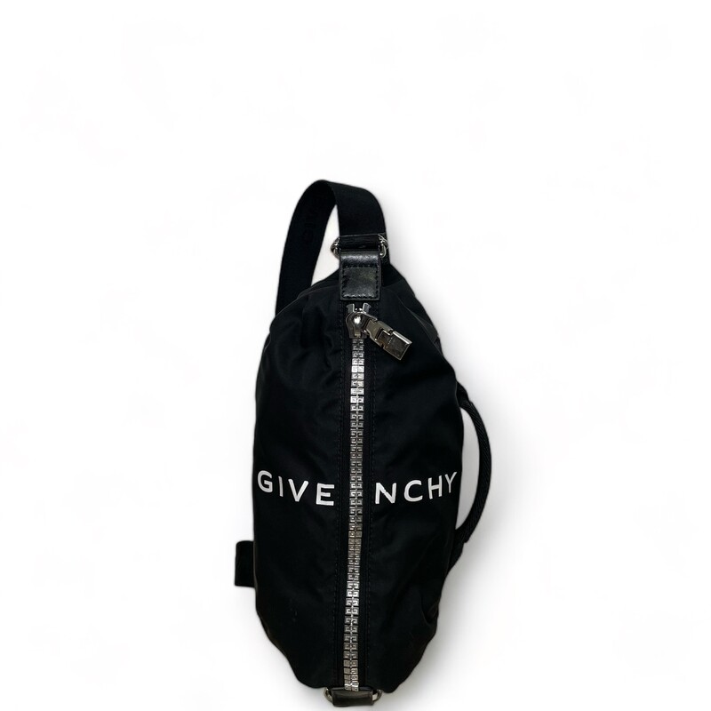 Givenchy G-Zip Bum Bag Black

Dimensions:
5.12 in x 11.81 in x 5.12 in

Crossbody bag in nylon with decorative 4G zipper closing with GIVENCHY 4G zipper puller.
G Zip line.
Contrasting GIVENCHY signature printed on the front.
One handle on the side.
Adjustable strap with calfskin details and metal buckles on the sides to adjust the volume of the bag.
Silvery-finish metal details.
One main zipped compartment.