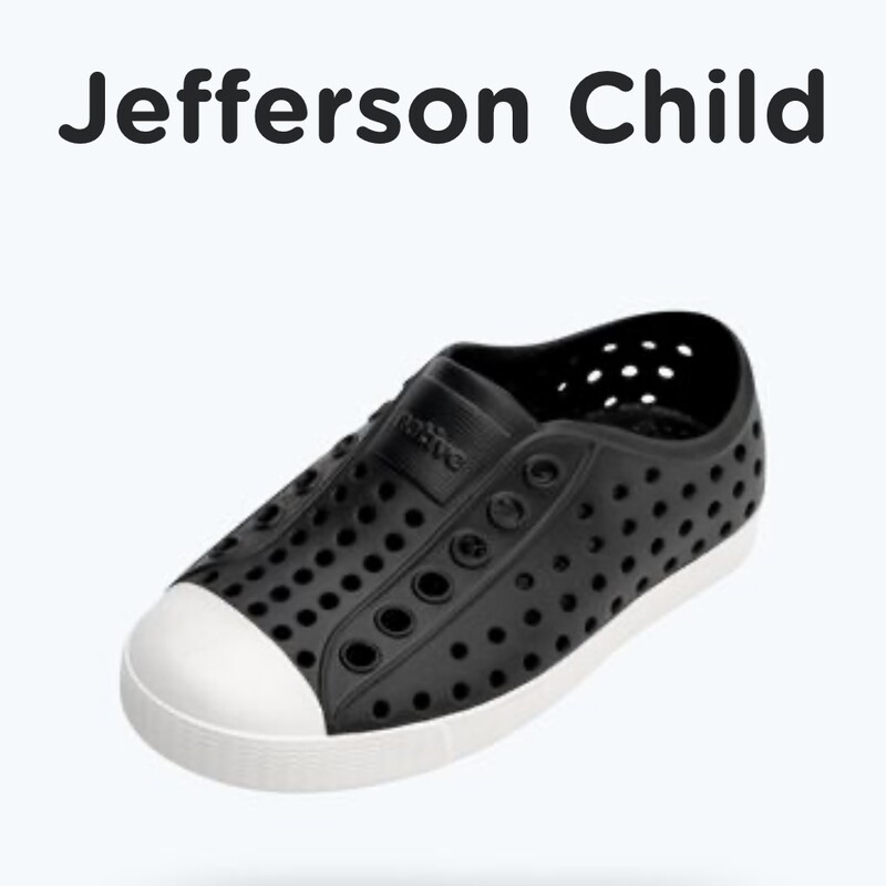 Native Jefferson Youth, Jiffy Black, Size: J6

It's the leader of lite-ness and our original EVA all-star, the uncompromisable Jefferson. Like any reigning ruler of the ring, the Jefferson encompasses all of the fine features that you'd expect from a Native shoe. It's shock absorbent, odor resistant, hand-washable, and comes in an infinite assortment of colors and treatments. Capabilities clouds could only dream of.

MATERIALS
Rubber Rand and Toe
Injection Molded EVA Construction