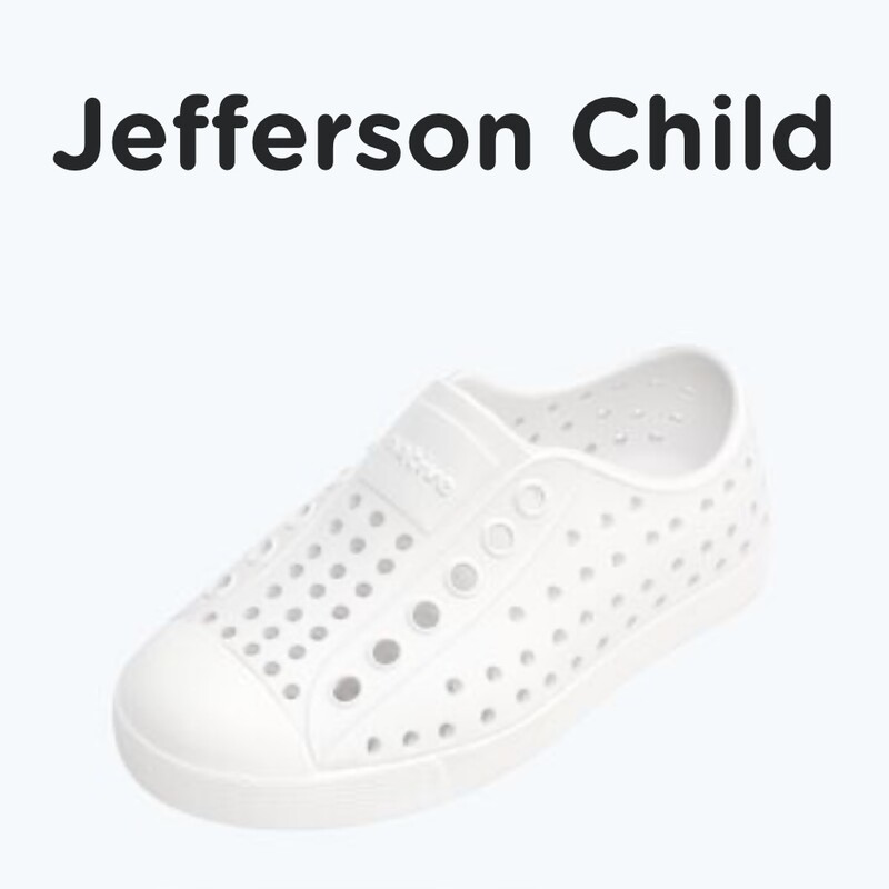 Native Jefferson Youth, Shell White, Size: J6

It's the leader of lite-ness and our original EVA all-star, the uncompromisable Jefferson. Like any reigning ruler of the ring, the Jefferson encompasses all of the fine features that you'd expect from a Native shoe. It's shock absorbent, odor resistant, hand-washable, and comes in an infinite assortment of colors and treatments. Capabilities clouds could only dream of.

MATERIALS
Rubber Rand and Toe
Injection Molded EVA Construction