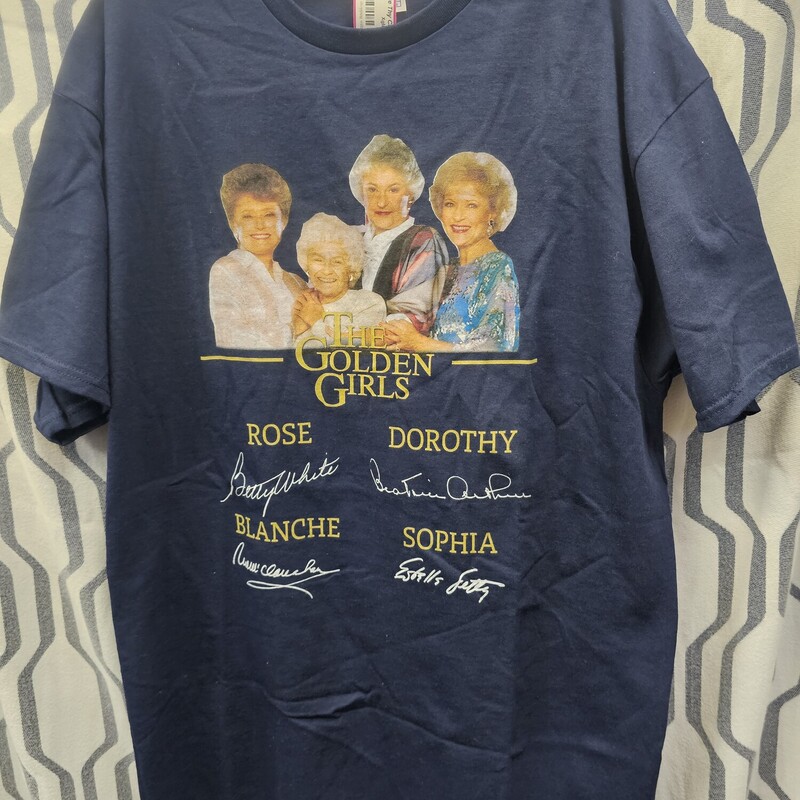 Tee W Tag, Xgldngrl, Size: XL
navy blue short sleeve tee W Golden Girls graphic and star's autograph