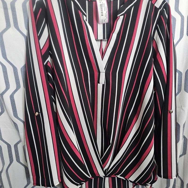Beautiful long sleeve blouse that can cuff to half sleeve with tabs. Black white and pink stripe. Ohhh la la