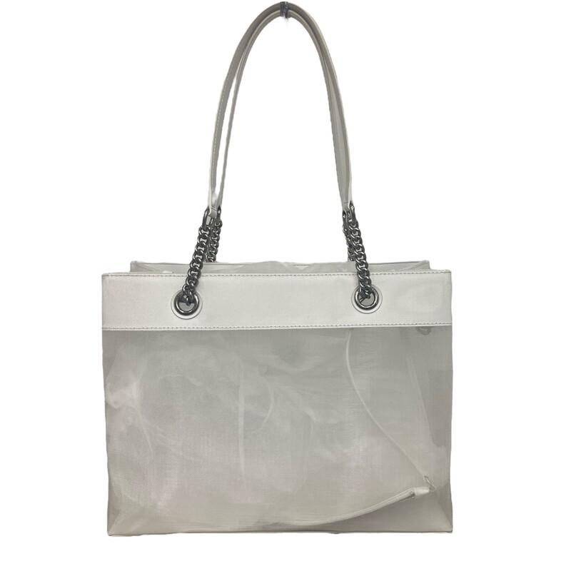 Balenciaga Duty Free White Tote<br />
<br />
Size: Medium<br />
<br />
Dimensions:<br />
L 13.7 x H 10.6 x W 5.5 inch<br />
Handle drop: 9.8 inch<br />
<br />
Mesh<br />
Tote bag<br />
Two handles<br />
Balenciaga Paris logo printed at front<br />
Aged-silver hardware<br />
Open top