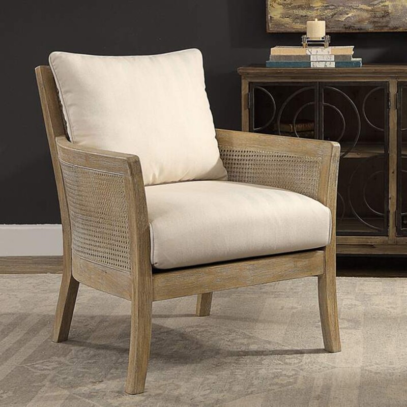 Uttermost Encore Rattan Armchair
Cream Ulphostery Tan Rattan Wood Frame
Size: 29x30x33H
High supportive back and curvy flair arms make a grand style statement in a warm, washed and hand rubbed sandstone exposed hardwood finish with cane sides and tailored
NEW Retail $1200