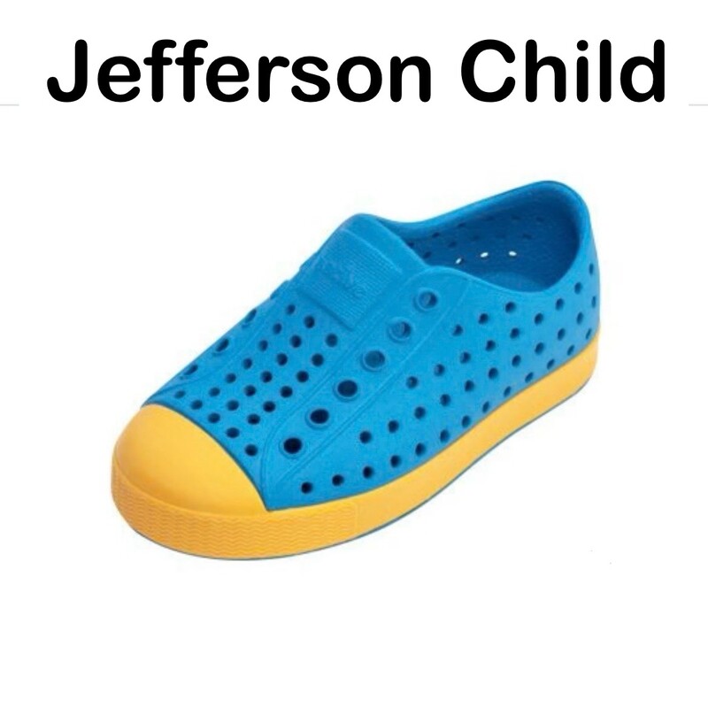 Native Jefferson Child, Wave Bluee/Yellow, Size: C11

It's the leader of lite-ness and our original EVA all-star, the uncompromisable Jefferson. Like any reigning ruler of the ring, the Jefferson encompasses all of the fine features that you'd expect from a Native shoe. It's shock absorbent, odor resistant, hand-washable, and comes in an infinite assortment of colors and treatments. Capabilities clouds could only dream of.

MATERIALS
Rubber Rand and Toe
Injection Molded EVA Construction