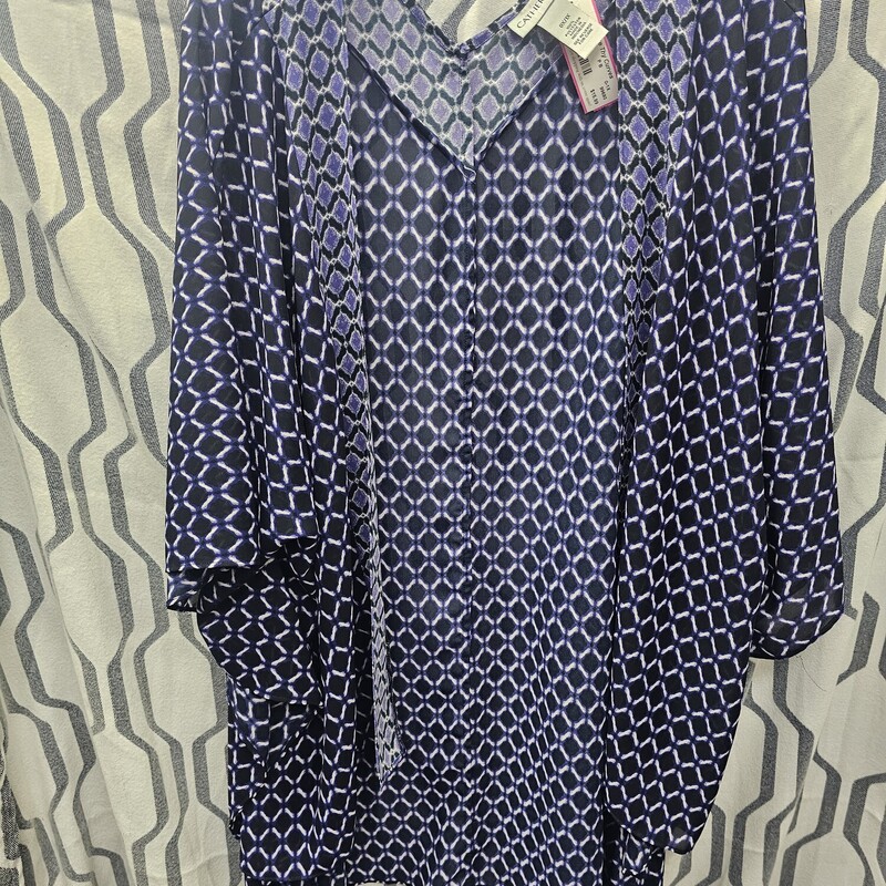 Navy purple and white patterned kimono top with no close front and short to half sleeves