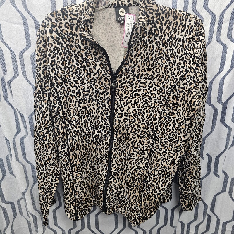 Long sleeve zip up front activewear jacket in a brown and black leopard print